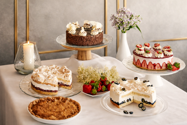 Ein elegantes Arrangement von fünf verschiedenen Torten und einer Apfelkuchen auf einem Tisch, dekoriert mit frischen Erdbeeren und essbaren Blüten. Im Hintergrund steht eine Kerze in einem Glasbehälter, die eine gemütliche Atmosphäre schafft. Die Torten variieren in Farbe und Dekoration, darunter eine Schokoladentorte, eine Erdbeertorte und eine Sahnetorte.