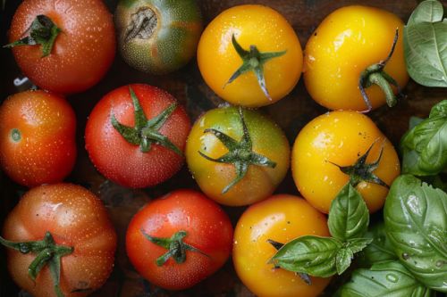 Bunte Auswahl an frischen Tomaten in verschiedenen Farben, darunter rote, gelbe und grüne Sorten, zusammen mit frischem Basilikum, auf einem rustikalen Holzuntergrund platziert.